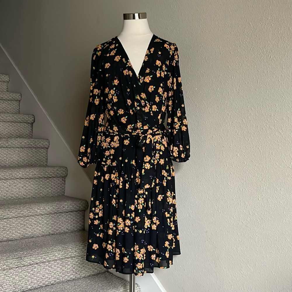 Cabi Sz M Black & Yellow, Semi-Sheer Faux-Wrap Debut Dress